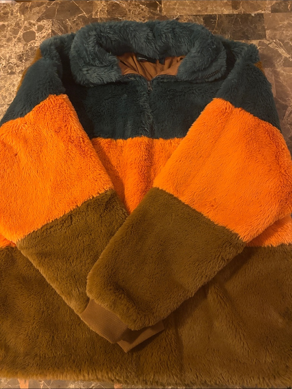 ASOS Colorblock Faux-Fur Pullover Hoodie in Teal, Orange & Brown